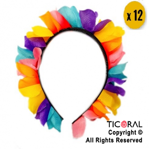 VINCHA HAWAIANA CON FLORES DE TELA MULTICOLOR x 12 UNIDADES